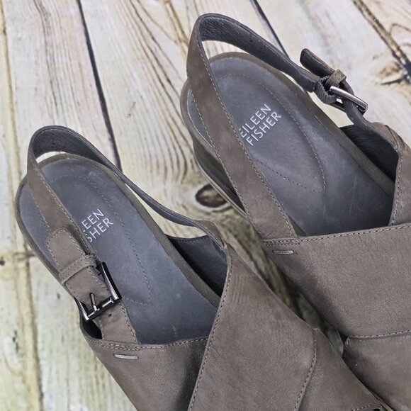 Eileen Fisher Wedge Sandals Women's Size 9 Gray Leather Ankle Strap Casual Comfy - Picture 7 of 8